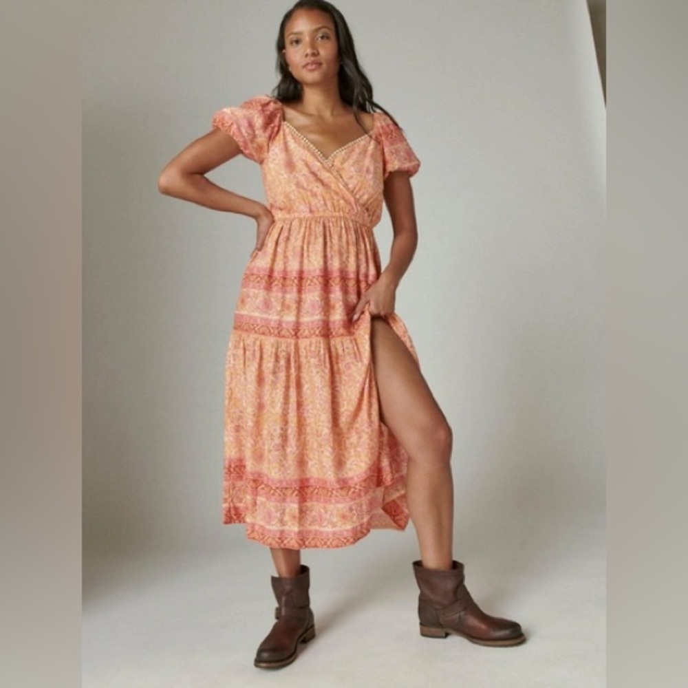 Lucky Brand orange and pink floral Aztec printed midi puff sleeve dress